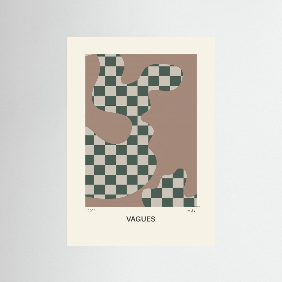 Vagues nr 34 abstract poster by Paperago featuring green checkerboard waves and brown organic shapes on cream paper.
