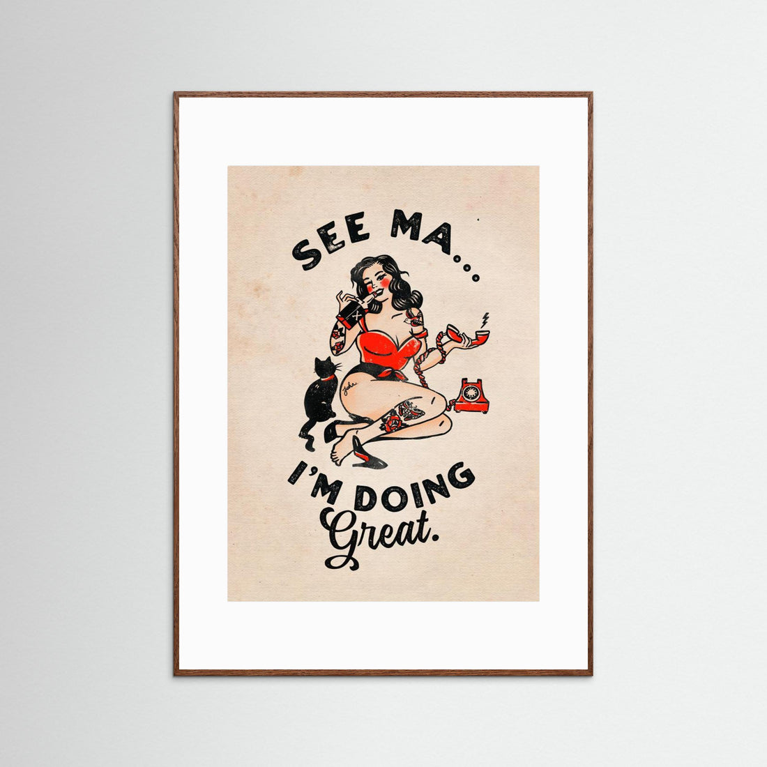 See Ma Poster Funny Vintage Pinup Girl &amp; Cat by The Whiskey Ginger