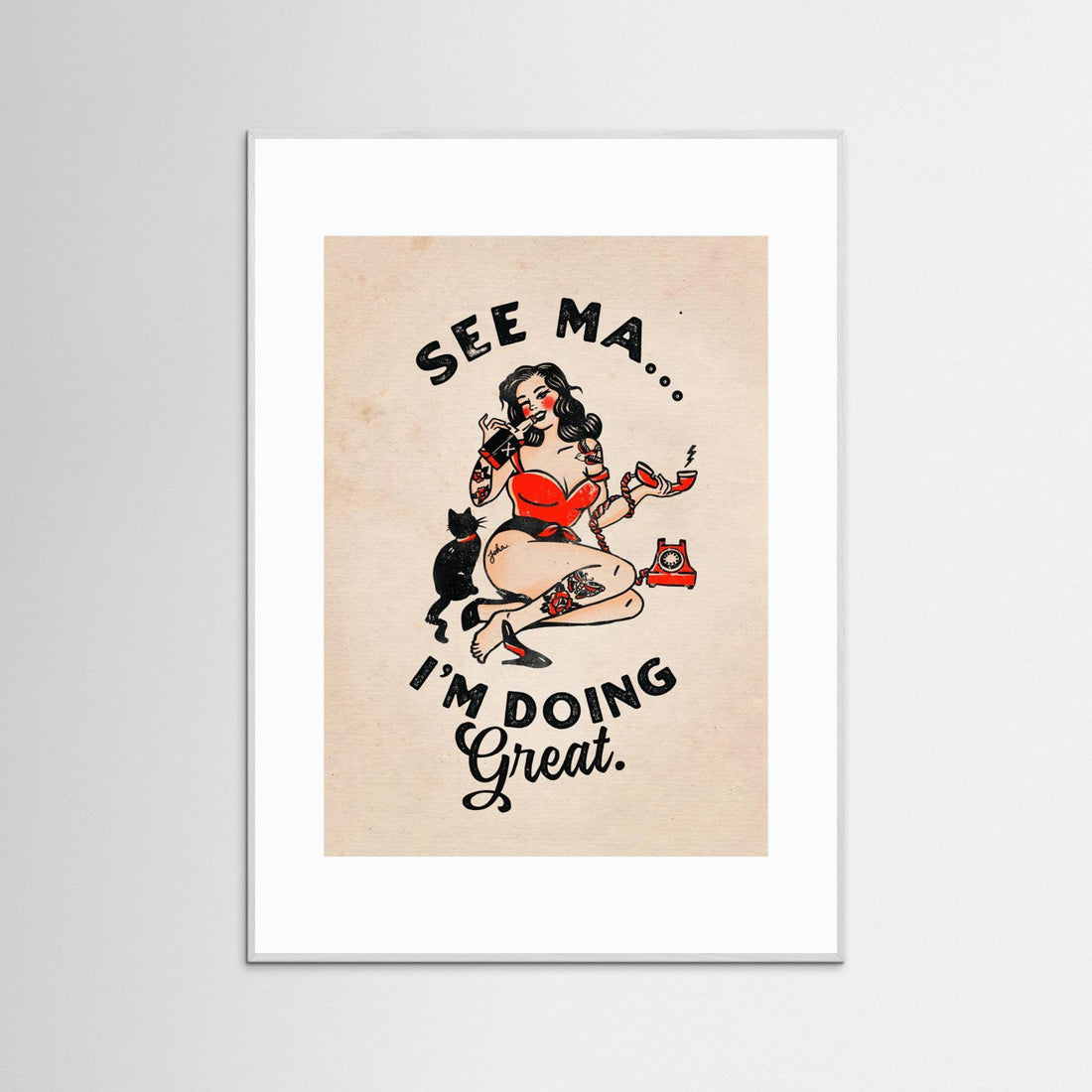 See Ma Poster Funny Vintage Pinup Girl &amp; Cat by The Whiskey Ginger