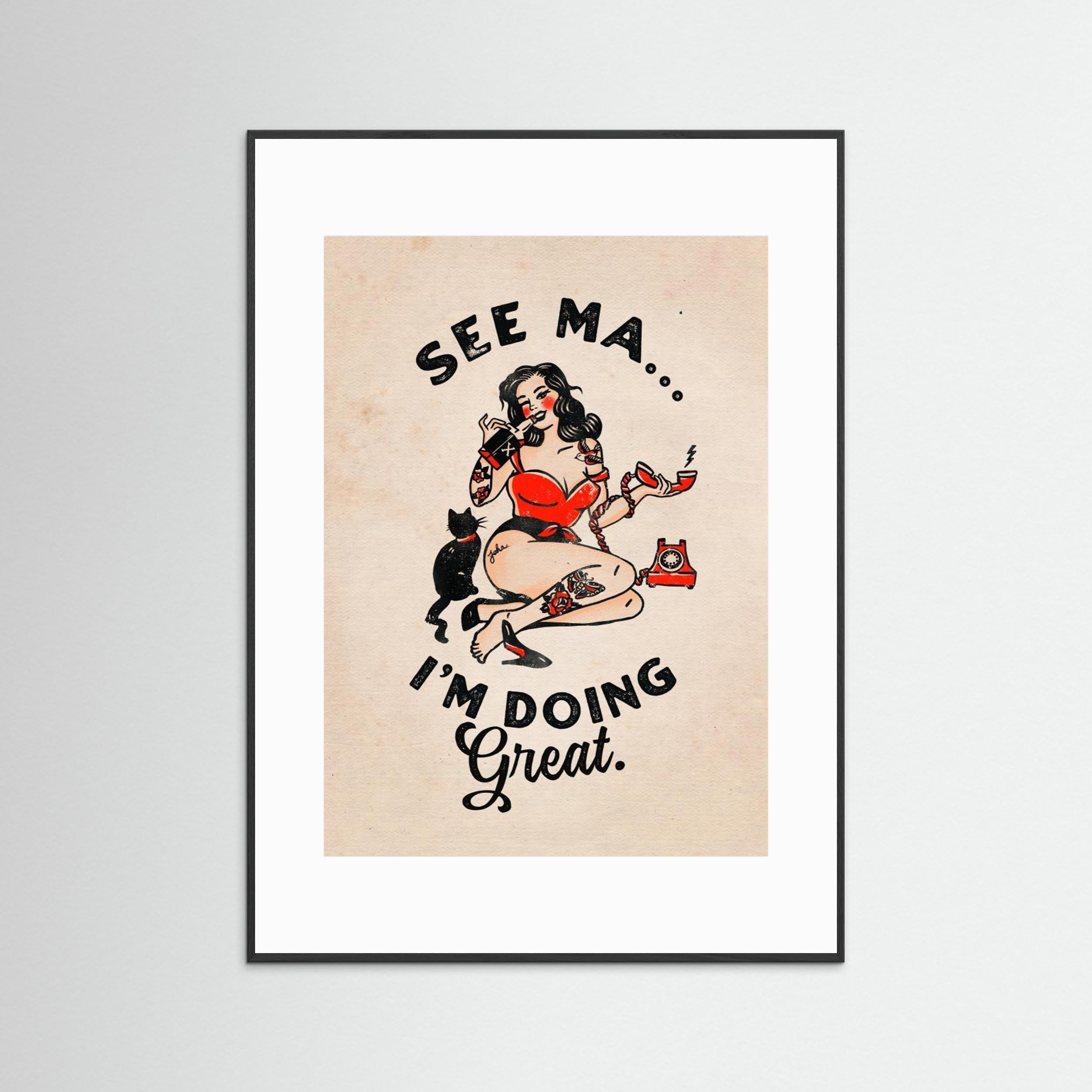 See Ma Poster Funny Vintage Pinup Girl &amp; Cat by The Whiskey Ginger