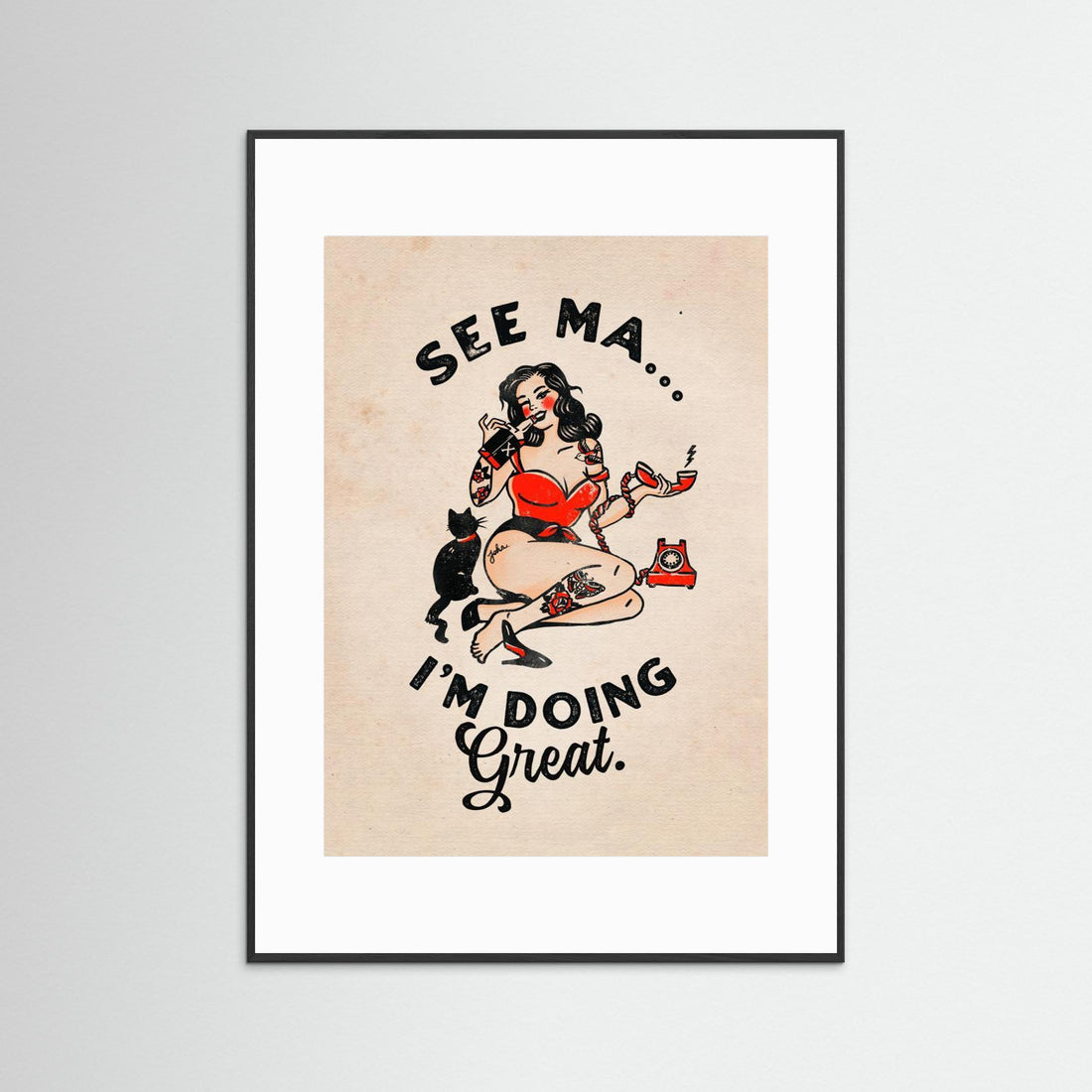 See Ma Poster Funny Vintage Pinup Girl &amp; Cat by The Whiskey Ginger