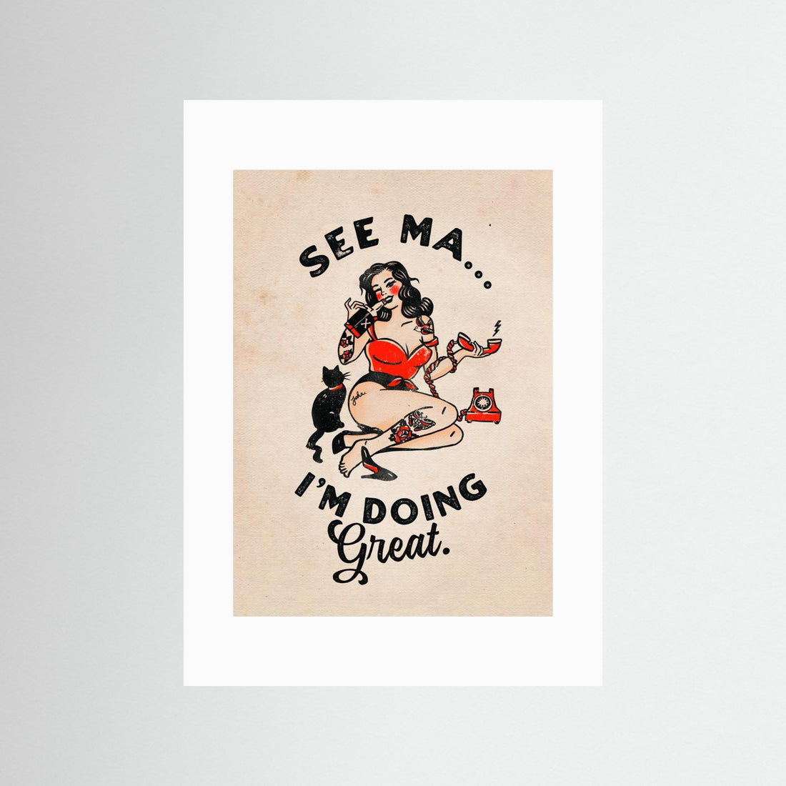 See Ma Poster Funny Vintage Pinup Girl &amp; Cat by The Whiskey Ginger