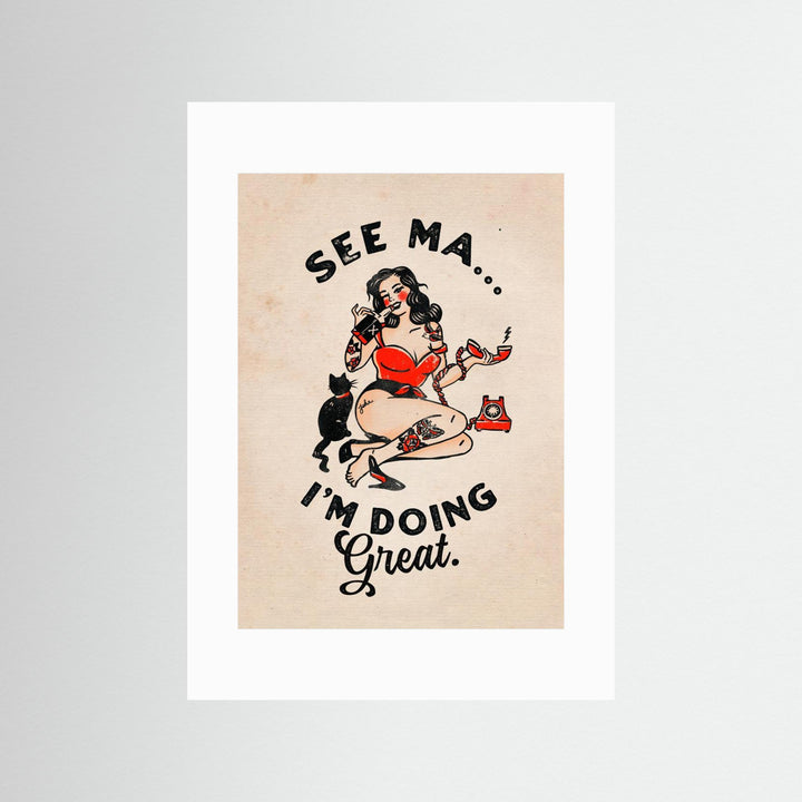 See Ma Poster Funny Vintage Pinup Girl &amp; Cat by The Whiskey Ginger