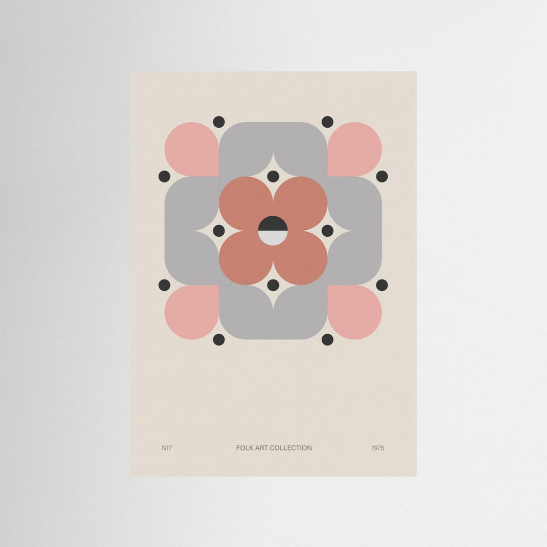 Modern folk art poster with geometric floral design in terracotta, grey, and pink. Minimalist wall decor by Paperago.