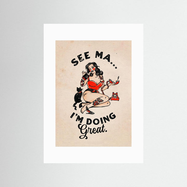 See Ma Poster Funny Vintage Pinup Girl &amp; Cat by The Whiskey Ginger