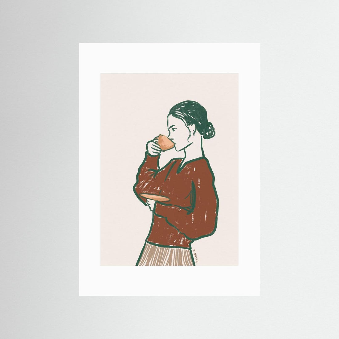 Woman Drinking Tea in Rust by Tara Royle