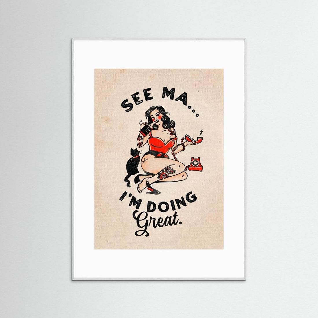 See Ma Poster Funny Vintage Pinup Girl &amp; Cat by The Whiskey Ginger