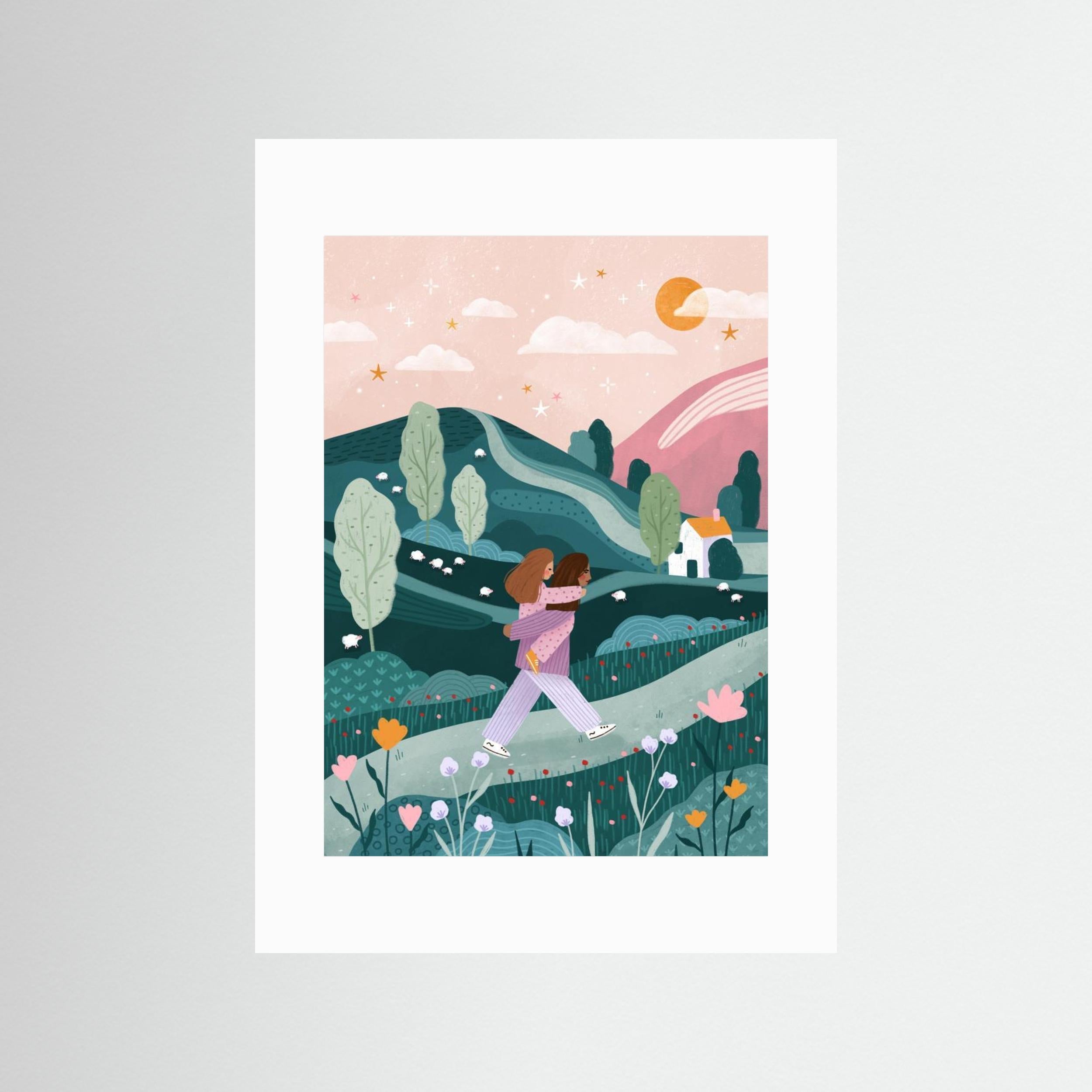 Mummy Daughter Countryside Walk by Bea Müller - Fine Art Paper Print - dreamtprint.art - 14 x 21 cm / 5 x 8″ (A5)
