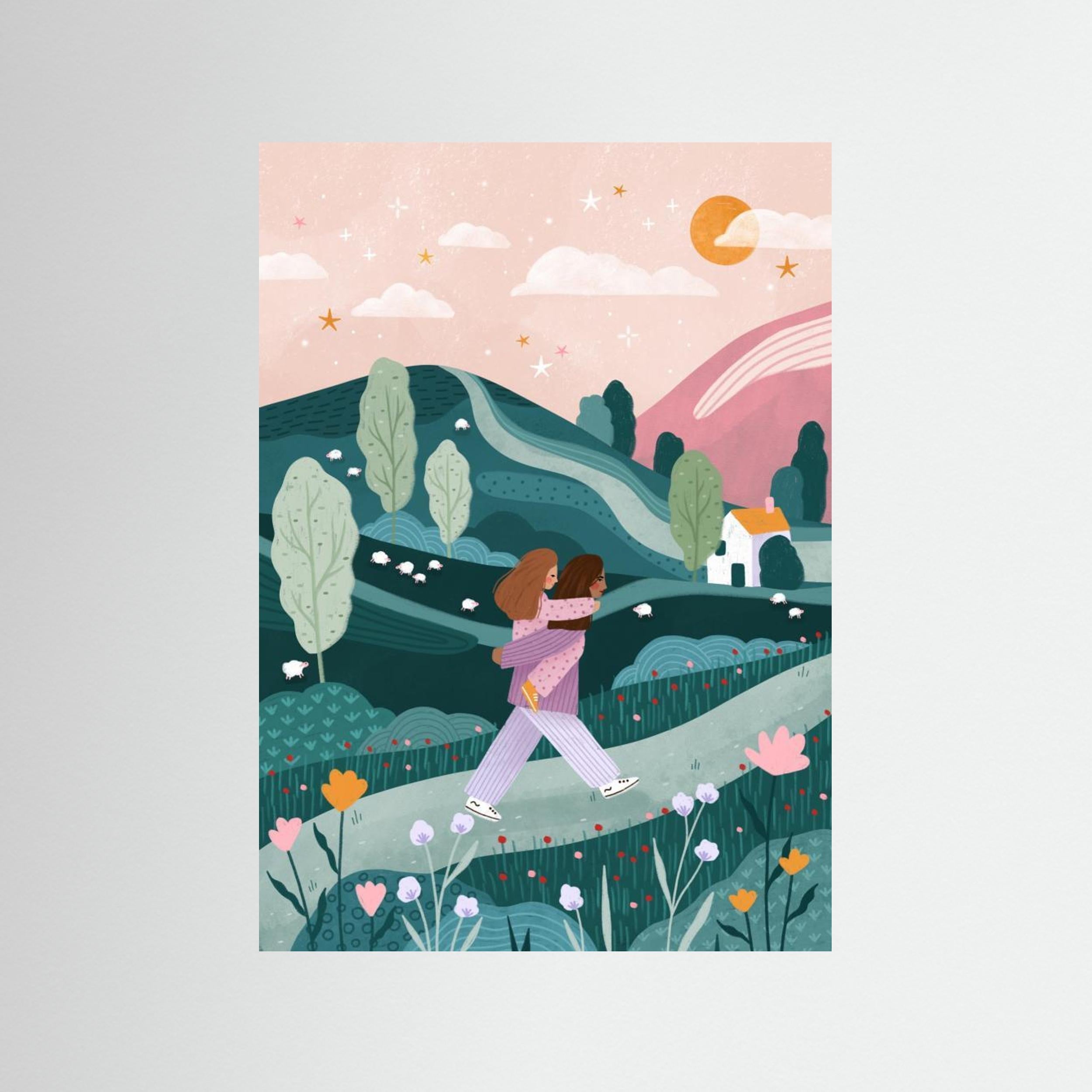 Mummy Daughter Countryside Walk by Bea Müller - Fine Art Paper Print - dreamtprint.art - 14 x 21 cm / 5 x 8″ (A5)