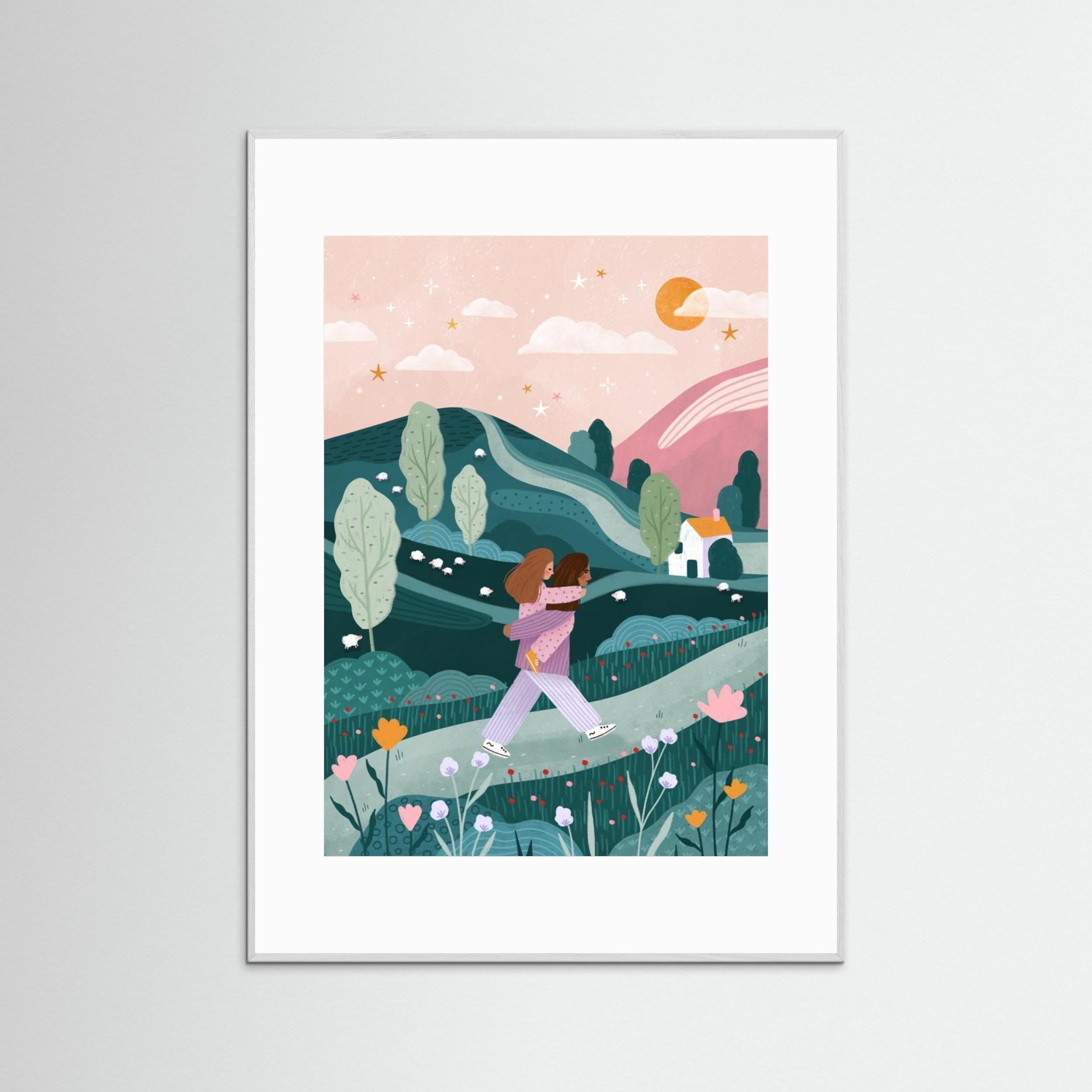 Mummy Daughter Countryside Walk by Bea Müller - Fine Art Paper Print - dreamtprint.art - 14 x 21 cm / 5 x 8″ (A5)