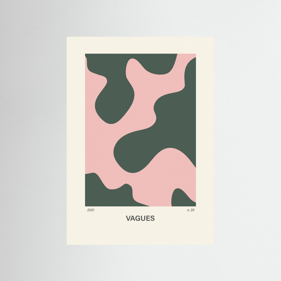 Vagues no 25 Abstract Wave Poster by Paperago, modern pink and dark green fluid wall art print for home decor.