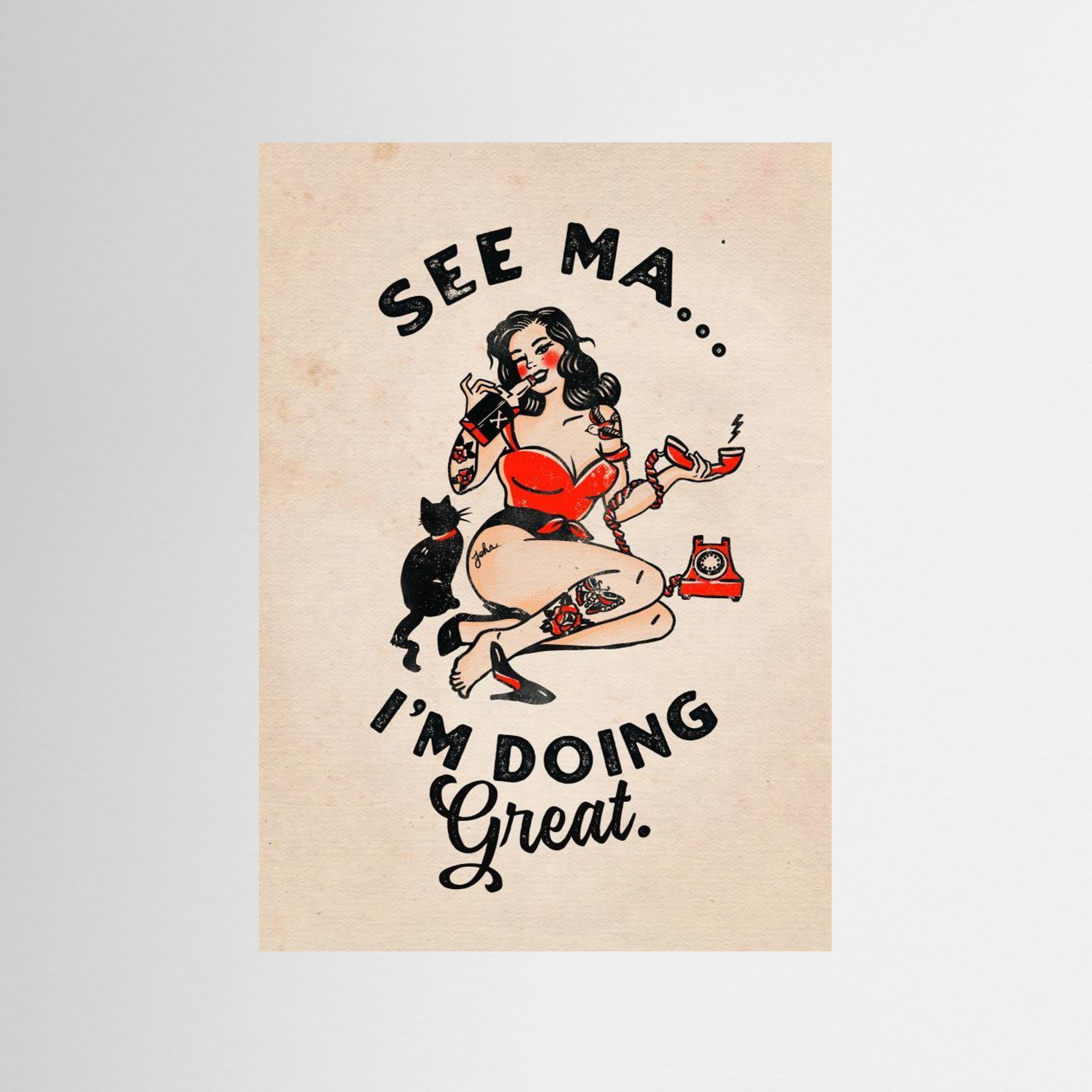 See Ma Poster Funny Vintage Pinup Girl &amp; Cat by The Whiskey Ginger
