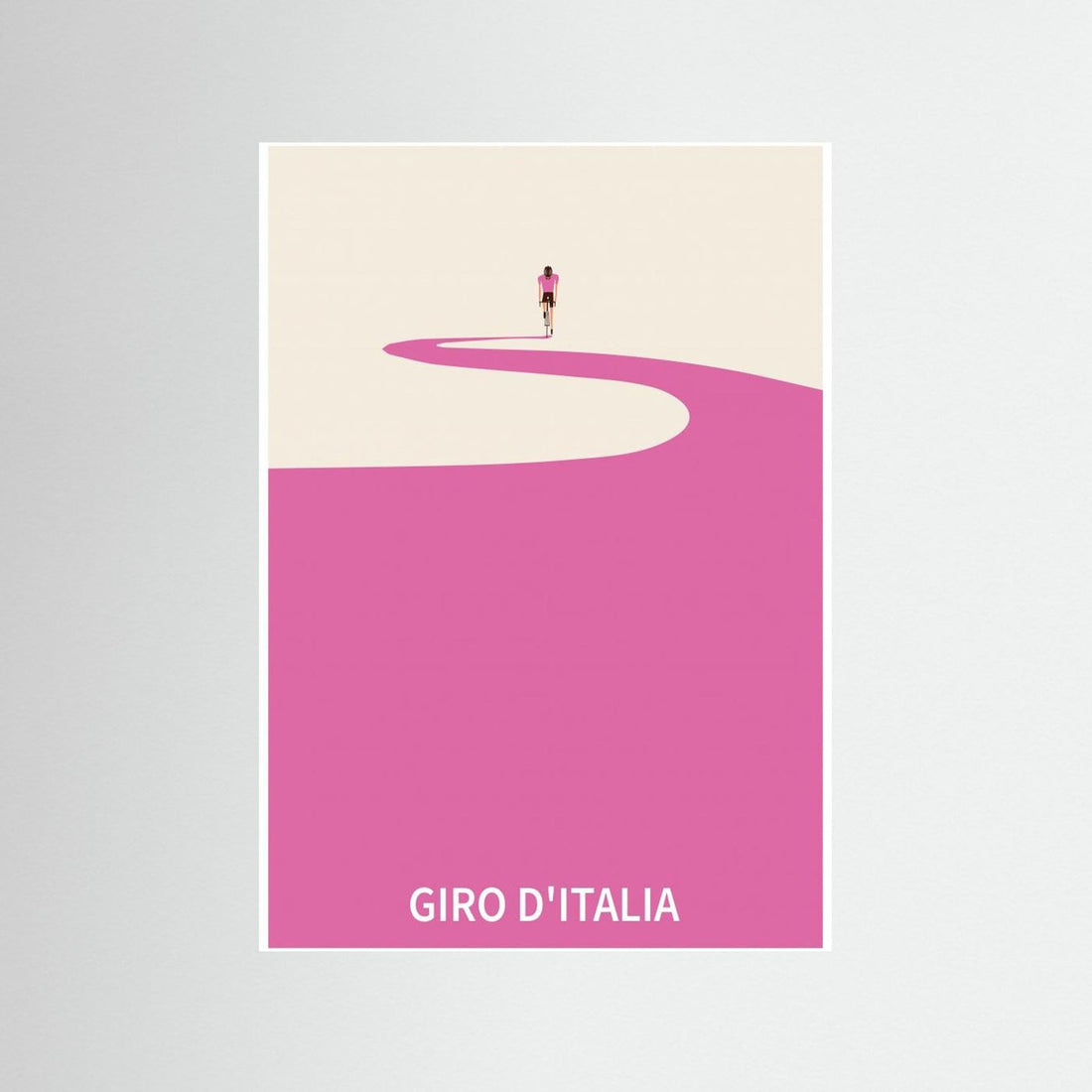 Minimalist Giro d’Italia cycling poster featuring a cyclist on a winding pink road, fine art wall decor by Paperago.