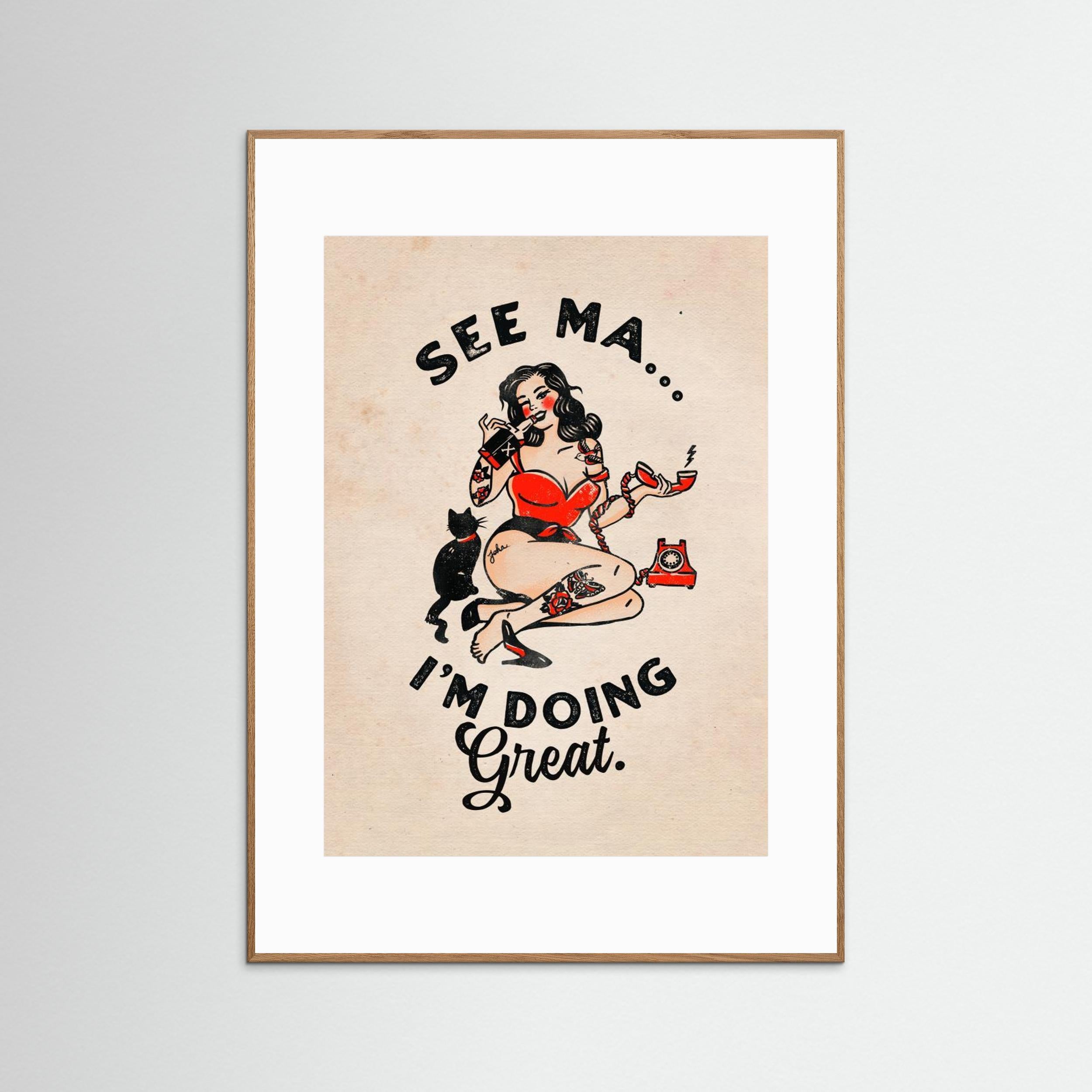 See Ma Poster Funny Vintage Pinup Girl &amp; Cat by The Whiskey Ginger