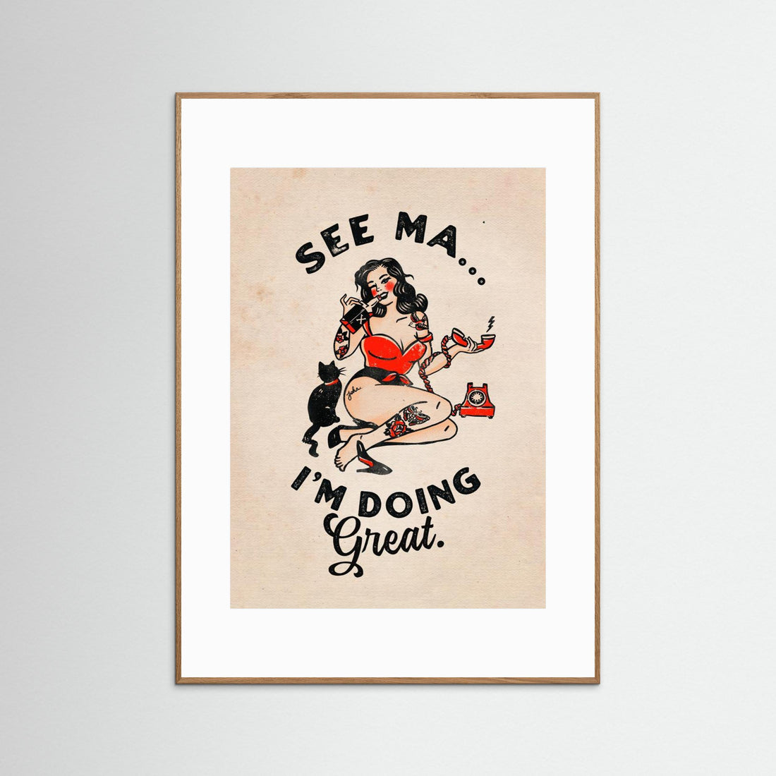 See Ma Poster Funny Vintage Pinup Girl &amp; Cat by The Whiskey Ginger