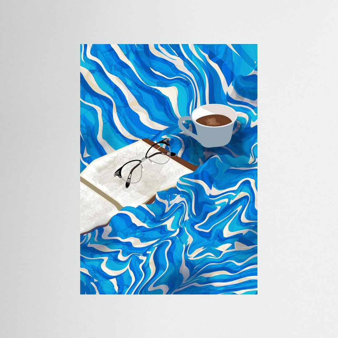 Sunday Morning by Sannel Larson fine art print: blue abstract waves with coffee, glasses, and an open book.